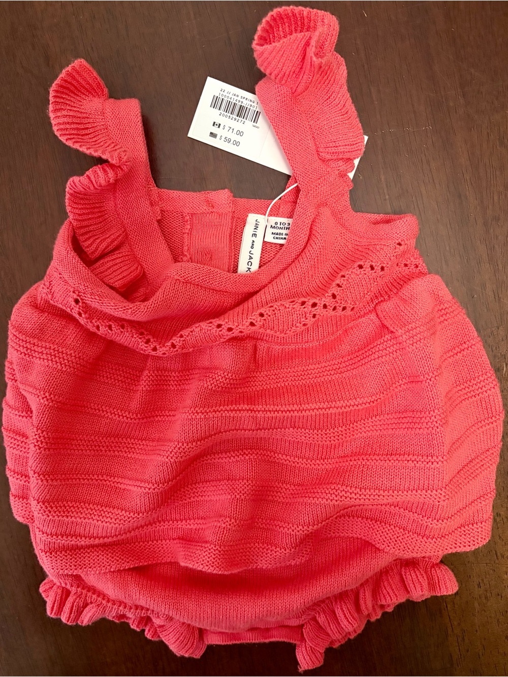 Janie and Jack Baby Girl Coral Pink Knit Ruffled Romper